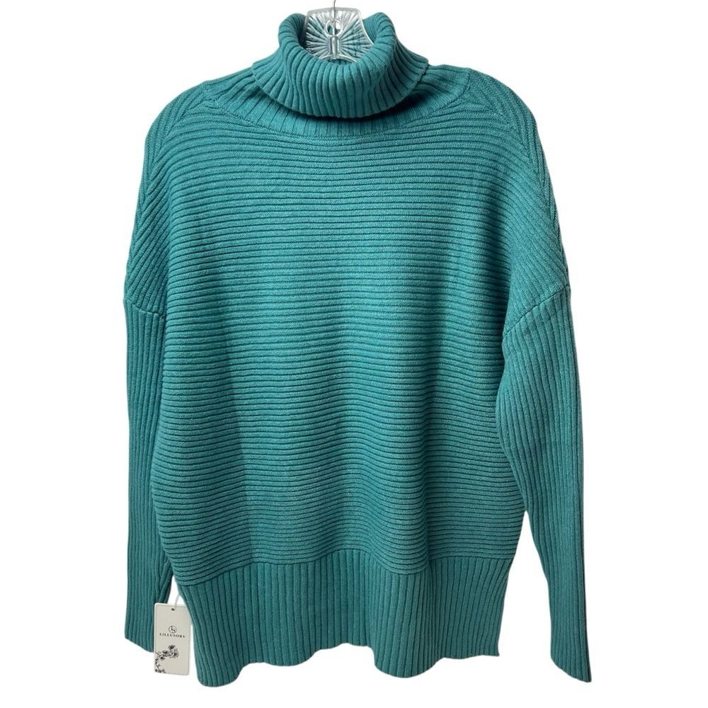LILLUSORY Oversized Turtleneck Sweater Teal Ribbed Knit Split Hem NWT Size Small